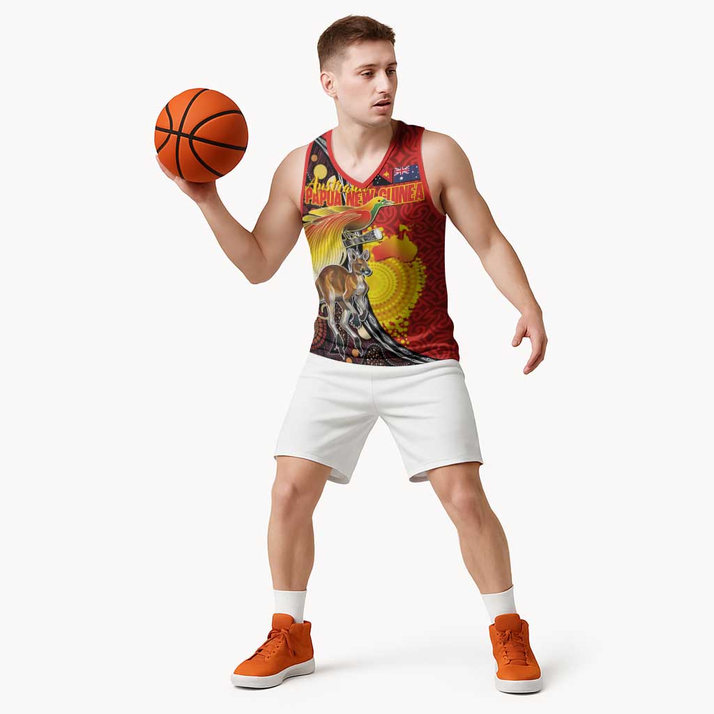 Australia and Papua New Guinea Together Basketball Jersey Bird-of-paradise and Kangaroo with Oro Tapa and Aboriginal Art Motifs - Polynesian Pride