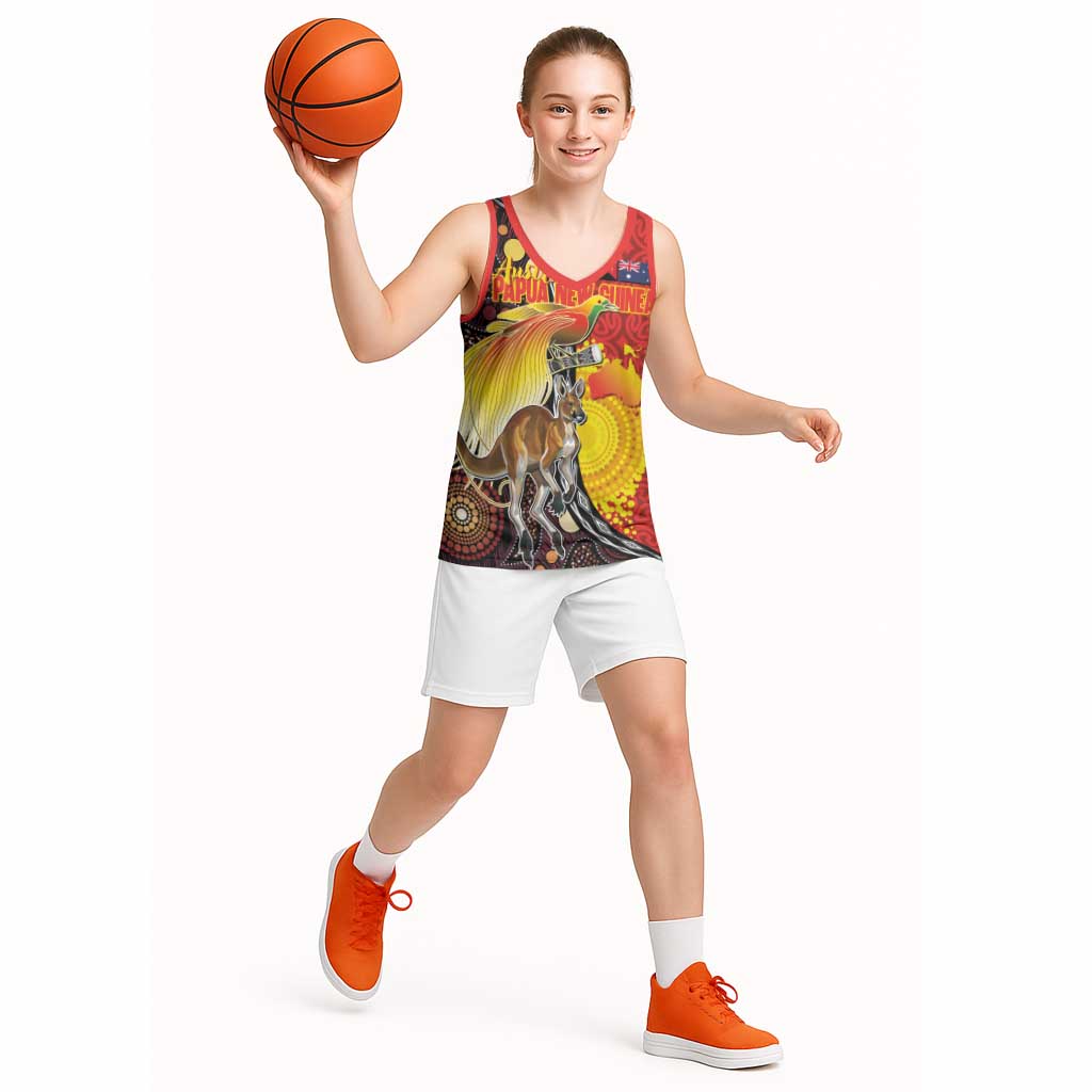Australia and Papua New Guinea Together Basketball Jersey Bird-of-paradise and Kangaroo with Oro Tapa and Aboriginal Art Motifs - Polynesian Pride