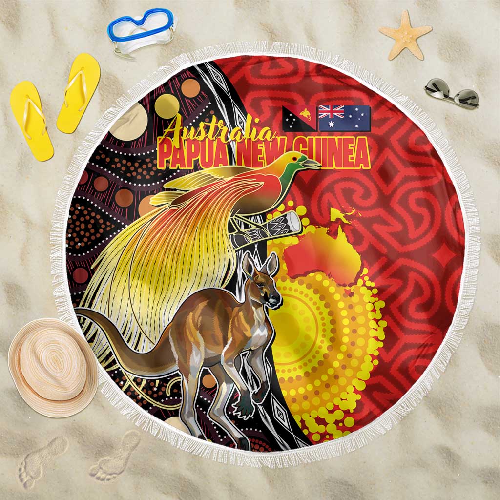 Australia and Papua New Guinea Together Beach Blanket Bird-of-paradise and Kangaroo with Oro Tapa and Aboriginal Art Motifs - Polynesian Pride