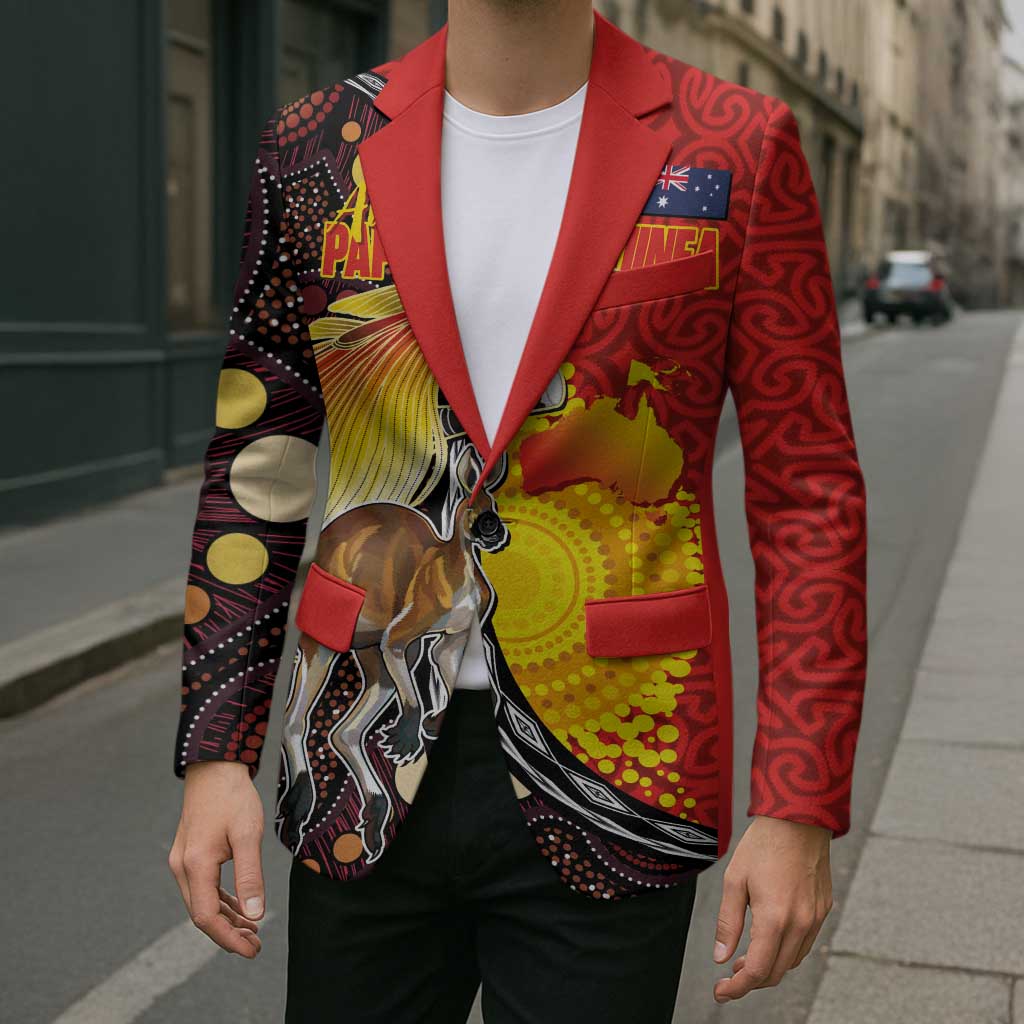 Australia and Papua New Guinea Together Blazer Bird-of-paradise and Kangaroo with Oro Tapa and Aboriginal Art Motifs - Polynesian Pride