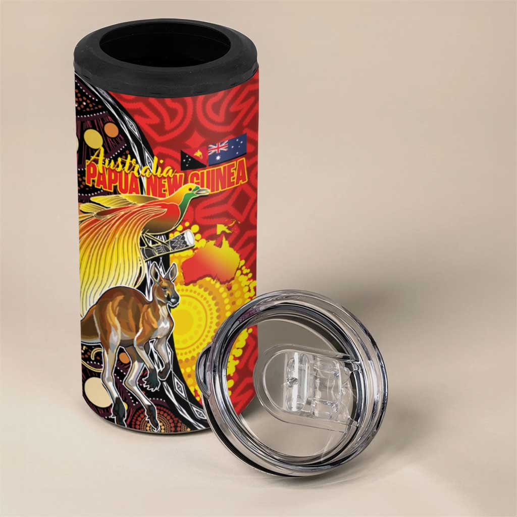 Australia and Papua New Guinea Together 4 in 1 Can Cooler Tumbler Bird-of-paradise and Kangaroo with Oro Tapa and Aboriginal Art Motifs - Polynesian Pride