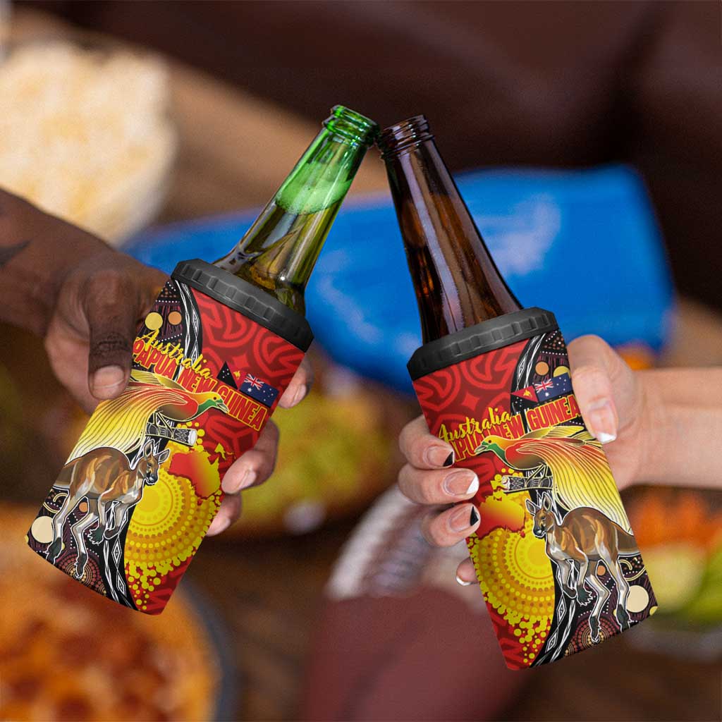 Australia and Papua New Guinea Together 4 in 1 Can Cooler Tumbler Bird-of-paradise and Kangaroo with Oro Tapa and Aboriginal Art Motifs - Polynesian Pride