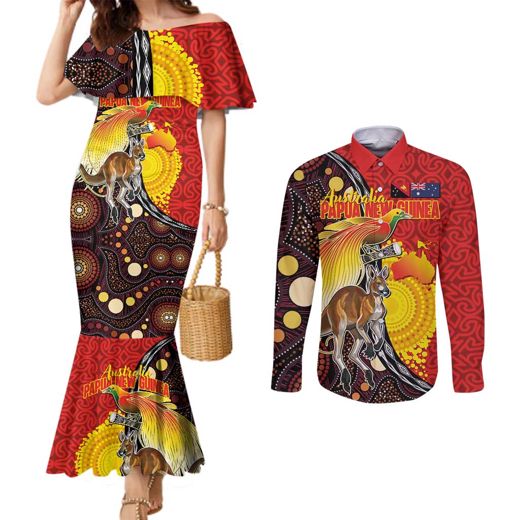 Australia and Papua New Guinea Together Couples Matching Mermaid Dress and Long Sleeve Button Shirt Bird-of-paradise and Kangaroo with Oro Tapa and Aboriginal Art Motifs - Polynesian Pride