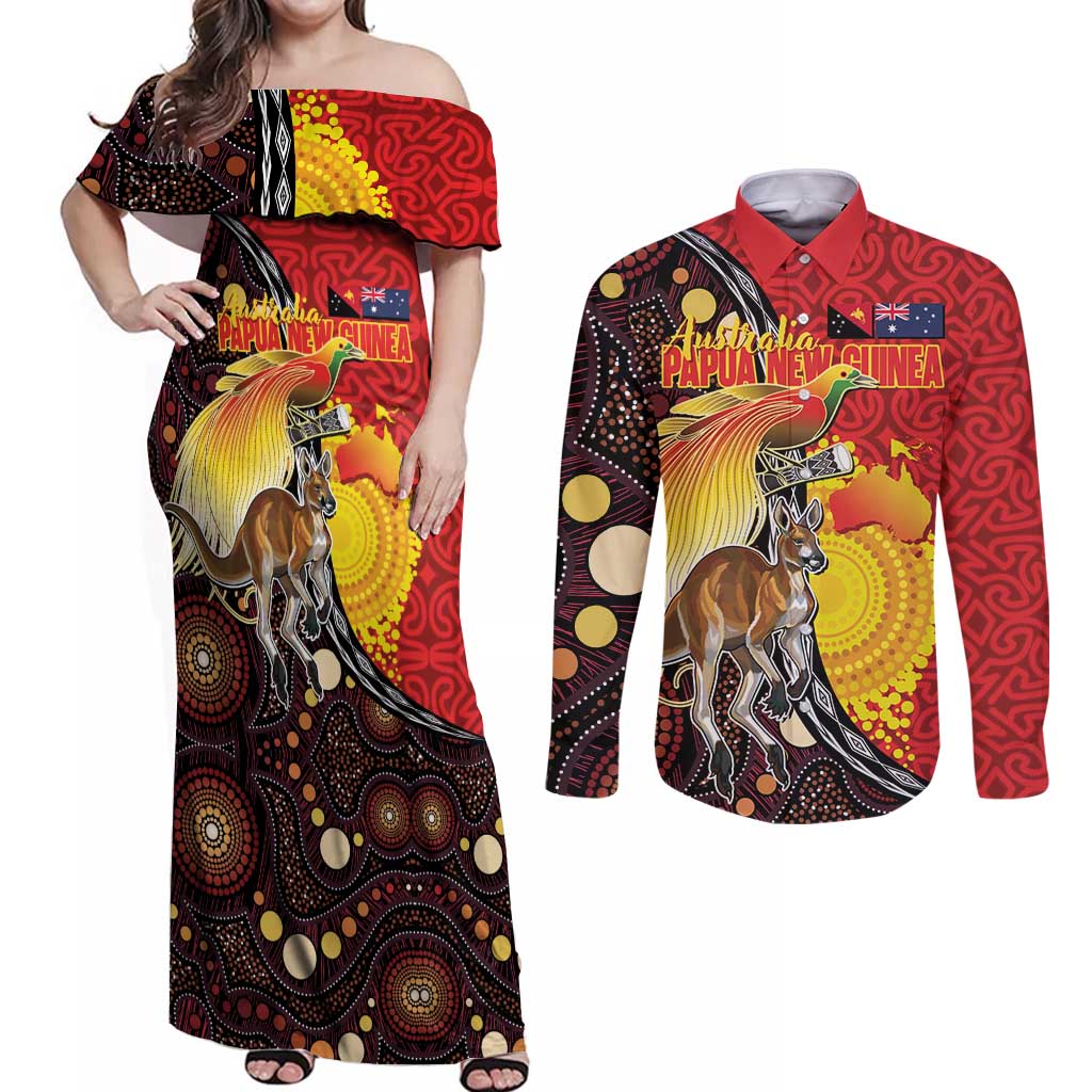Australia and Papua New Guinea Together Couples Matching Off Shoulder Maxi Dress and Long Sleeve Button Shirt Bird-of-paradise and Kangaroo with Oro Tapa and Aboriginal Art Motifs - Polynesian Pride