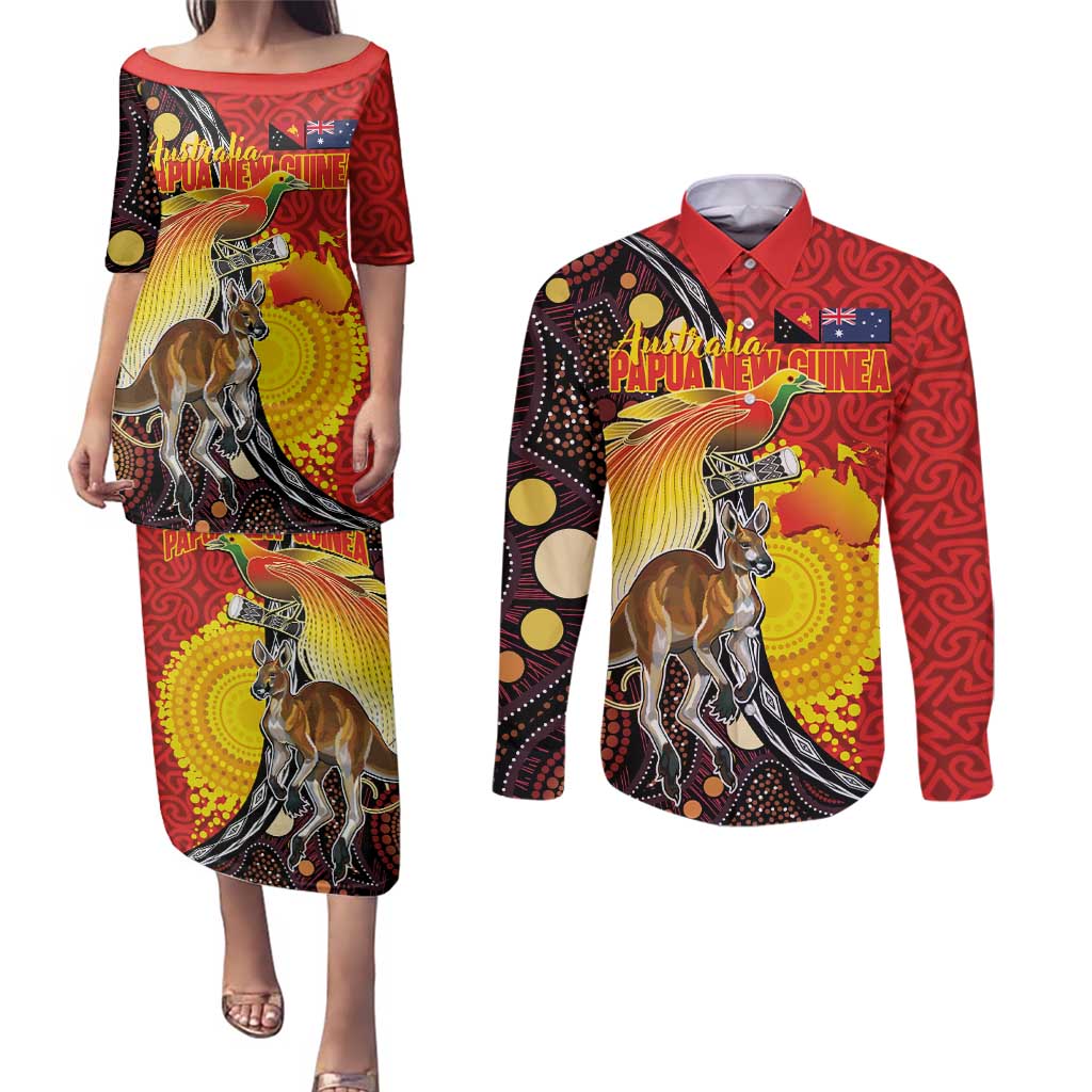 Australia and Papua New Guinea Together Couples Matching Puletasi and Long Sleeve Button Shirt Bird-of-paradise and Kangaroo with Oro Tapa and Aboriginal Art Motifs - Polynesian Pride