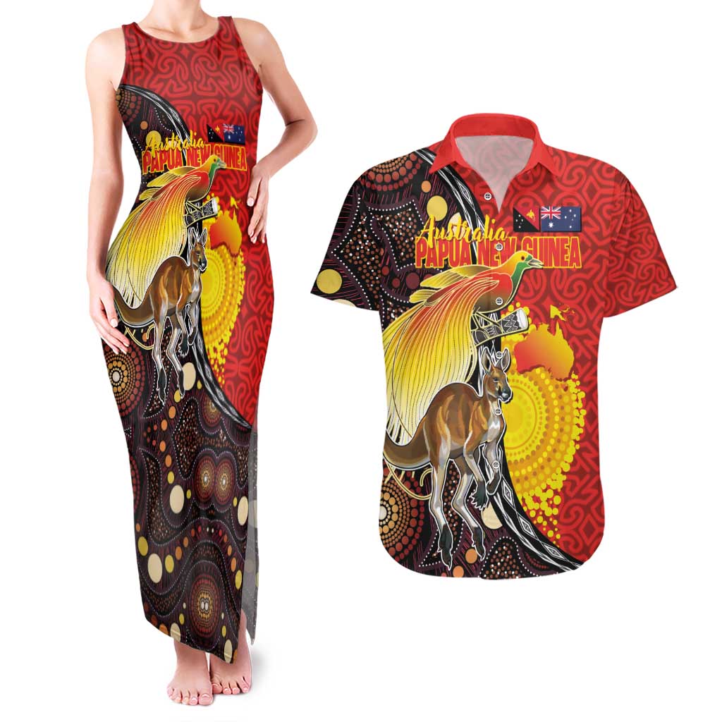 Australia and Papua New Guinea Together Couples Matching Tank Maxi Dress and Hawaiian Shirt Bird-of-paradise and Kangaroo with Oro Tapa and Aboriginal Art Motifs - Polynesian Pride