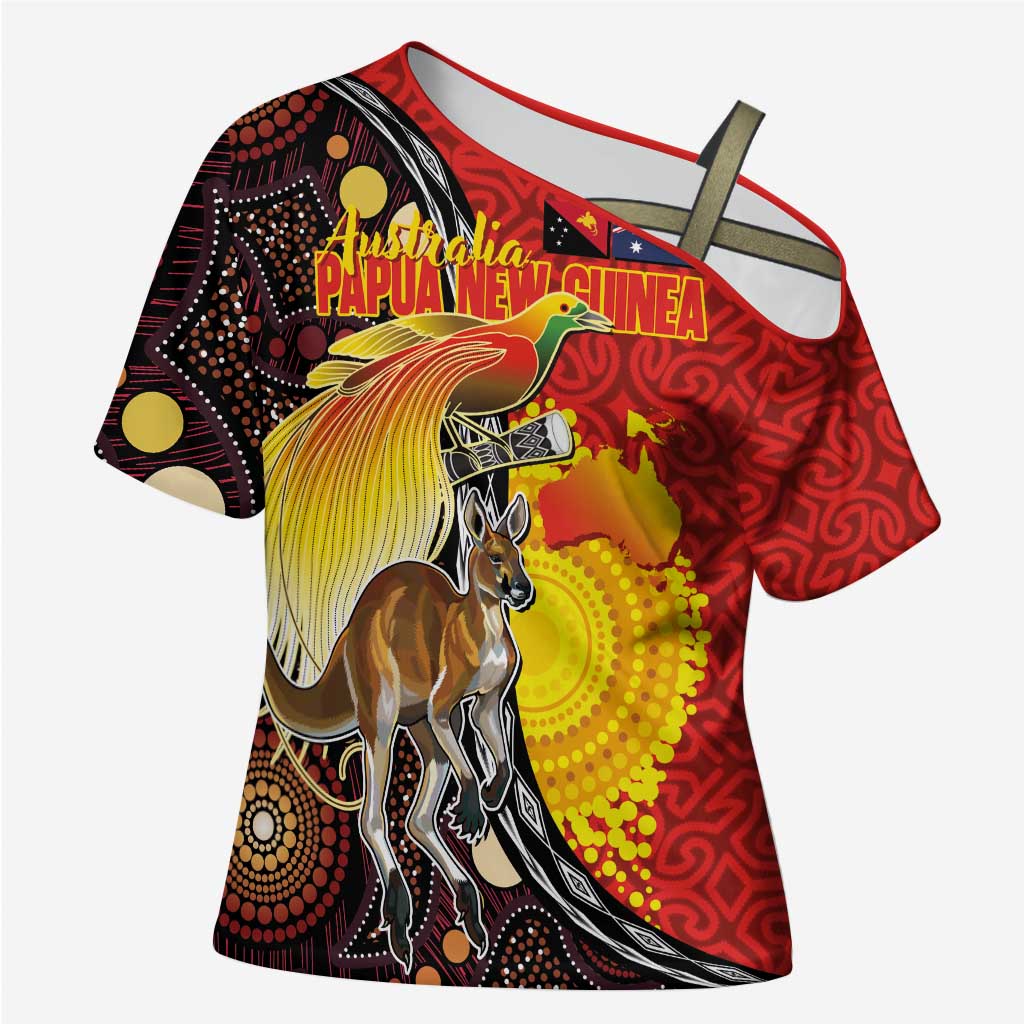 Australia and Papua New Guinea Together Cross Shoulder Shirt Bird-of-paradise and Kangaroo with Oro Tapa and Aboriginal Art Motifs - Polynesian Pride