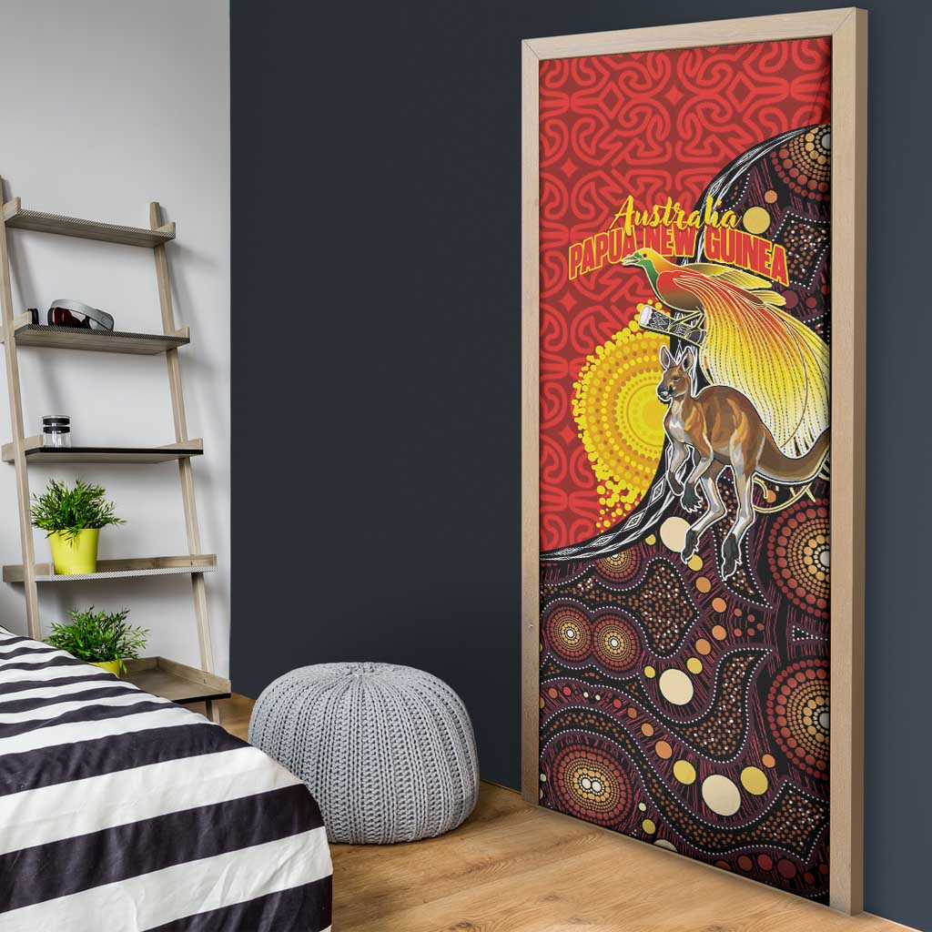 Australia and Papua New Guinea Together Door Cover Bird-of-paradise and Kangaroo with Oro Tapa and Aboriginal Art Motifs - Polynesian Pride