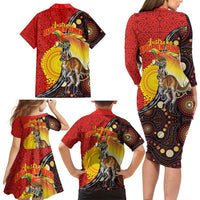 Australia and Papua New Guinea Together Family Matching Long Sleeve Bodycon Dress and Hawaiian Shirt Bird-of-paradise and Kangaroo with Oro Tapa and Aboriginal Art Motifs - Polynesian Pride
