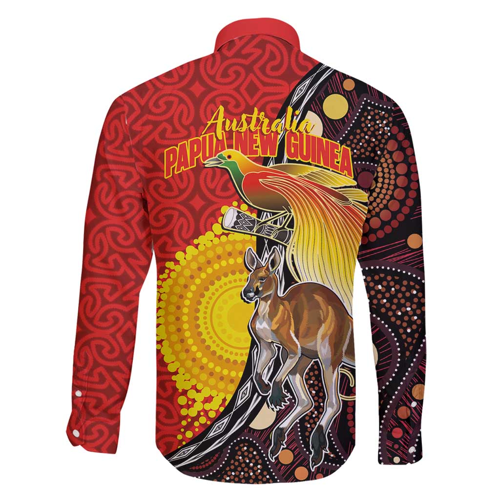 Australia and Papua New Guinea Together Family Matching Long Sleeve Bodycon Dress and Hawaiian Shirt Bird-of-paradise and Kangaroo with Oro Tapa and Aboriginal Art Motifs - Polynesian Pride