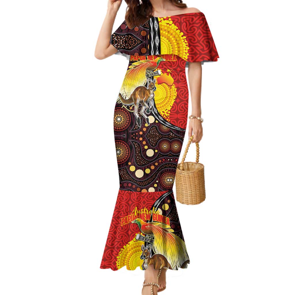 Australia and Papua New Guinea Together Family Matching Mermaid Dress and Hawaiian Shirt Bird-of-paradise and Kangaroo with Oro Tapa and Aboriginal Art Motifs - Polynesian Pride