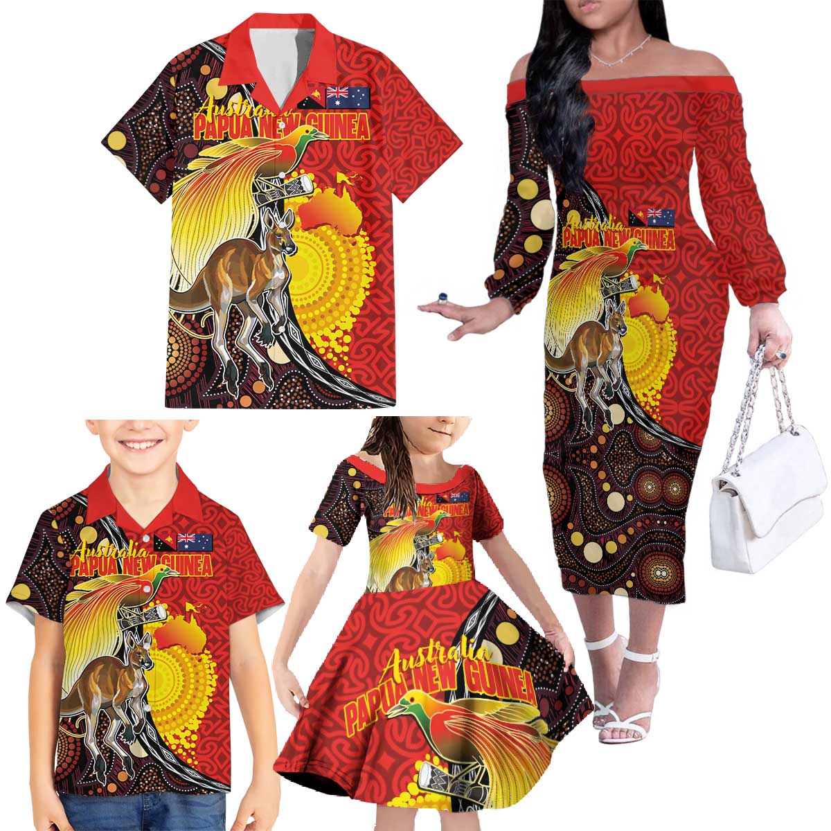 Australia and Papua New Guinea Together Family Matching Off The Shoulder Long Sleeve Dress and Hawaiian Shirt Bird-of-paradise and Kangaroo with Oro Tapa and Aboriginal Art Motifs LT03 - Polynesian Pride