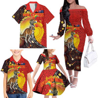 Australia and Papua New Guinea Together Family Matching Off The Shoulder Long Sleeve Dress and Hawaiian Shirt Bird-of-paradise and Kangaroo with Oro Tapa and Aboriginal Art Motifs LT03 - Polynesian Pride
