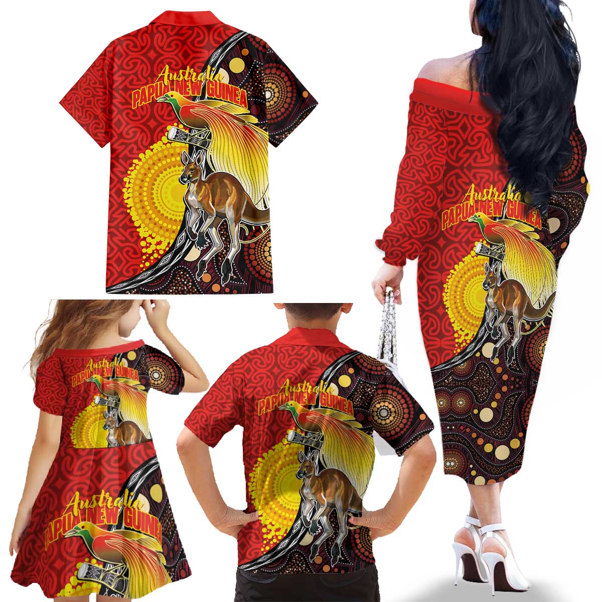 Australia and Papua New Guinea Together Family Matching Off The Shoulder Long Sleeve Dress and Hawaiian Shirt Bird-of-paradise and Kangaroo with Oro Tapa and Aboriginal Art Motifs LT03 - Polynesian Pride