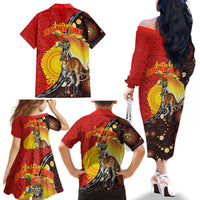 Australia and Papua New Guinea Together Family Matching Off The Shoulder Long Sleeve Dress and Hawaiian Shirt Bird-of-paradise and Kangaroo with Oro Tapa and Aboriginal Art Motifs LT03 - Polynesian Pride