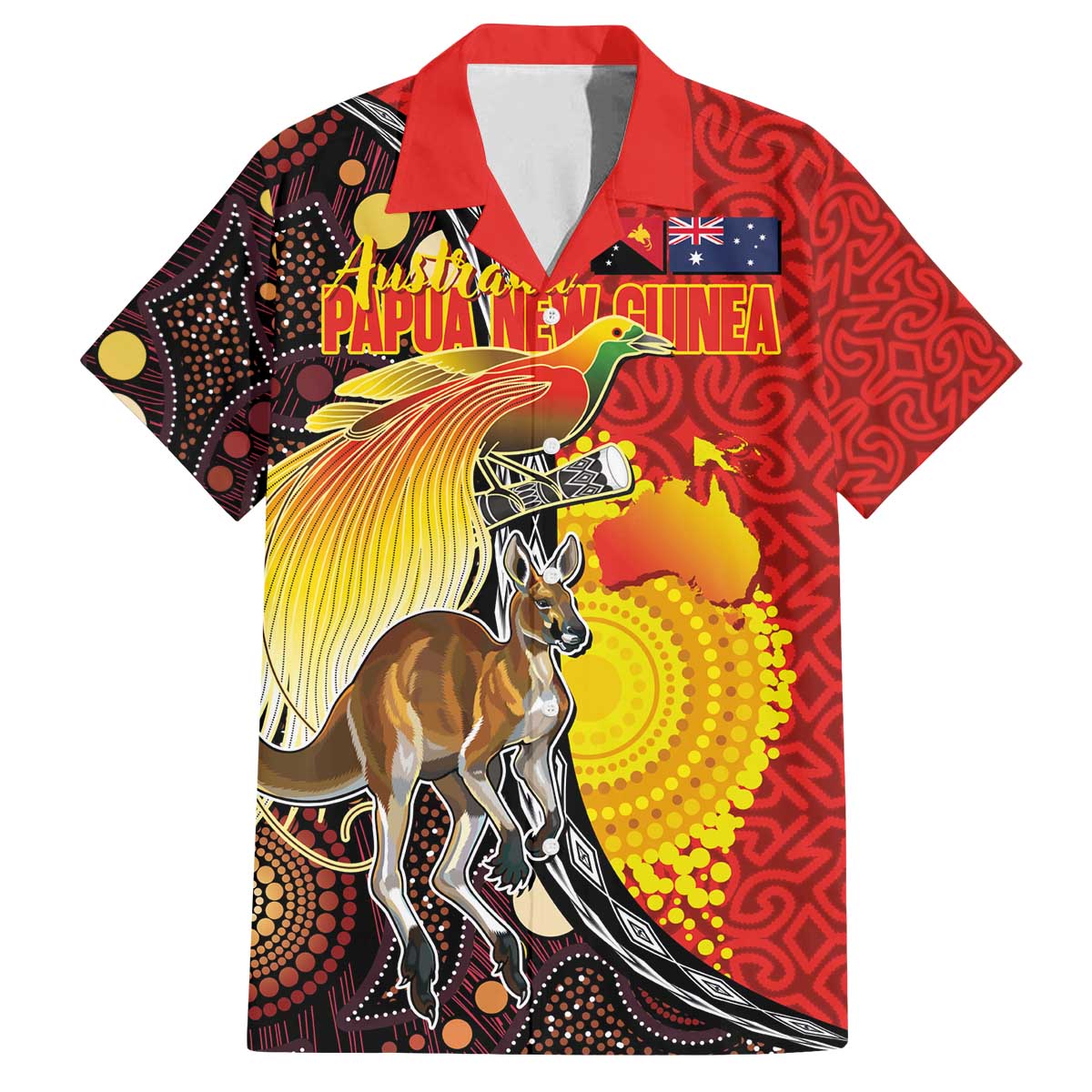 Australia and Papua New Guinea Together Family Matching Off The Shoulder Long Sleeve Dress and Hawaiian Shirt Bird-of-paradise and Kangaroo with Oro Tapa and Aboriginal Art Motifs LT03 Dad's Shirt - Short Sleeve Black - Polynesian Pride