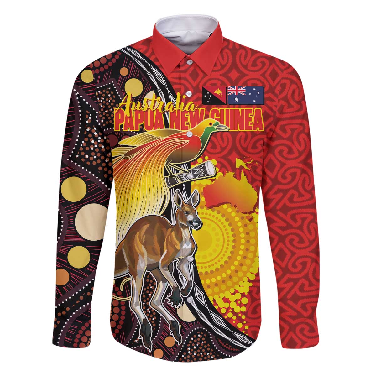 Australia and Papua New Guinea Together Family Matching Off The Shoulder Long Sleeve Dress and Hawaiian Shirt Bird-of-paradise and Kangaroo with Oro Tapa and Aboriginal Art Motifs LT03 Dad's Shirt - Long Sleeve Black - Polynesian Pride