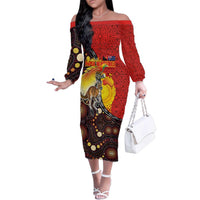 Australia and Papua New Guinea Together Family Matching Off The Shoulder Long Sleeve Dress and Hawaiian Shirt Bird-of-paradise and Kangaroo with Oro Tapa and Aboriginal Art Motifs LT03 Mom's Dress Black - Polynesian Pride