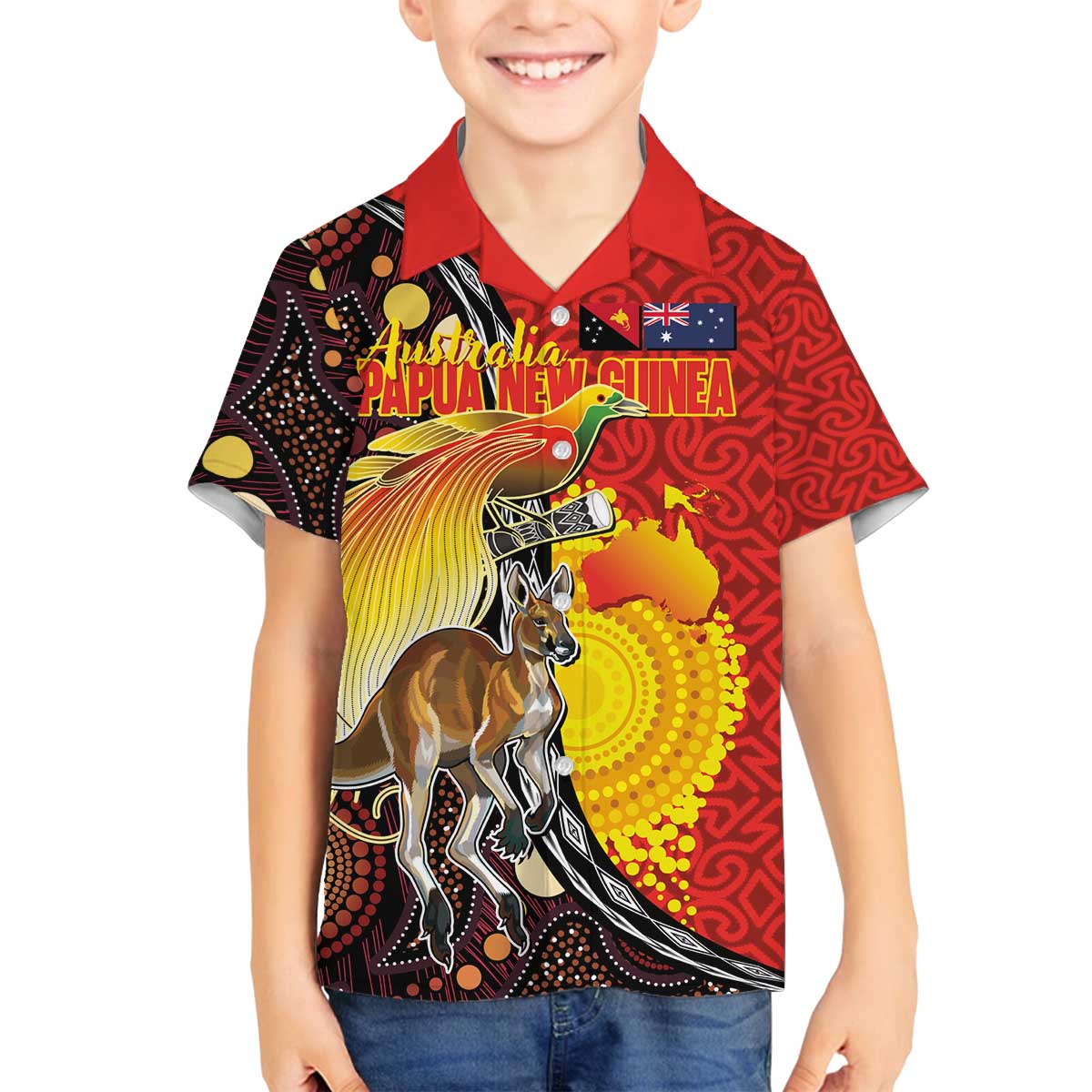 Australia and Papua New Guinea Together Family Matching Off The Shoulder Long Sleeve Dress and Hawaiian Shirt Bird-of-paradise and Kangaroo with Oro Tapa and Aboriginal Art Motifs LT03 Son's Shirt Black - Polynesian Pride