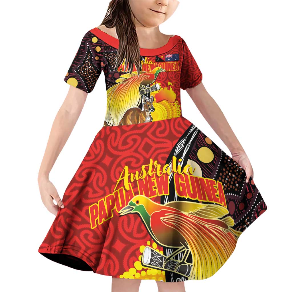 Australia and Papua New Guinea Together Family Matching Off Shoulder Short Dress and Hawaiian Shirt Bird-of-paradise and Kangaroo with Oro Tapa and Aboriginal Art Motifs LT03 Daughter's Dress Black - Polynesian Pride