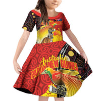 Australia and Papua New Guinea Together Family Matching Off Shoulder Short Dress and Hawaiian Shirt Bird-of-paradise and Kangaroo with Oro Tapa and Aboriginal Art Motifs LT03 Daughter's Dress Black - Polynesian Pride