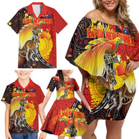 Australia and Papua New Guinea Together Family Matching Off Shoulder Short Dress and Hawaiian Shirt Bird-of-paradise and Kangaroo with Oro Tapa and Aboriginal Art Motifs LT03 - Polynesian Pride