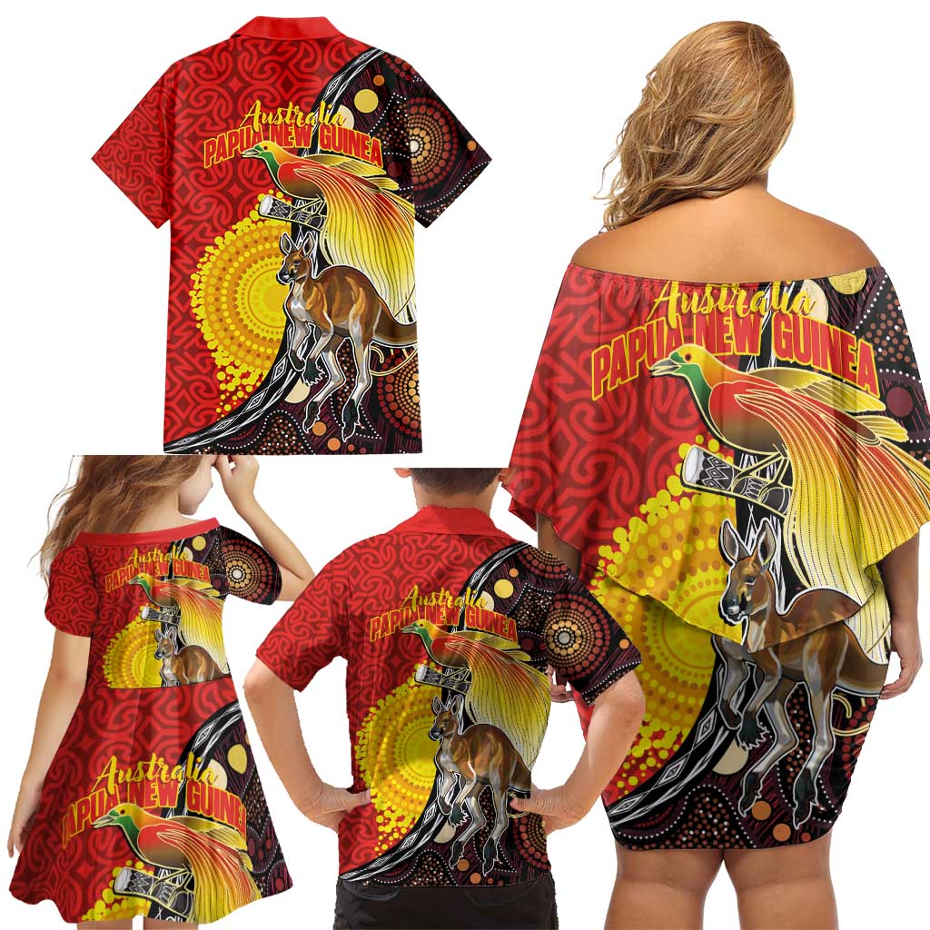 Australia and Papua New Guinea Together Family Matching Off Shoulder Short Dress and Hawaiian Shirt Bird-of-paradise and Kangaroo with Oro Tapa and Aboriginal Art Motifs LT03 - Polynesian Pride