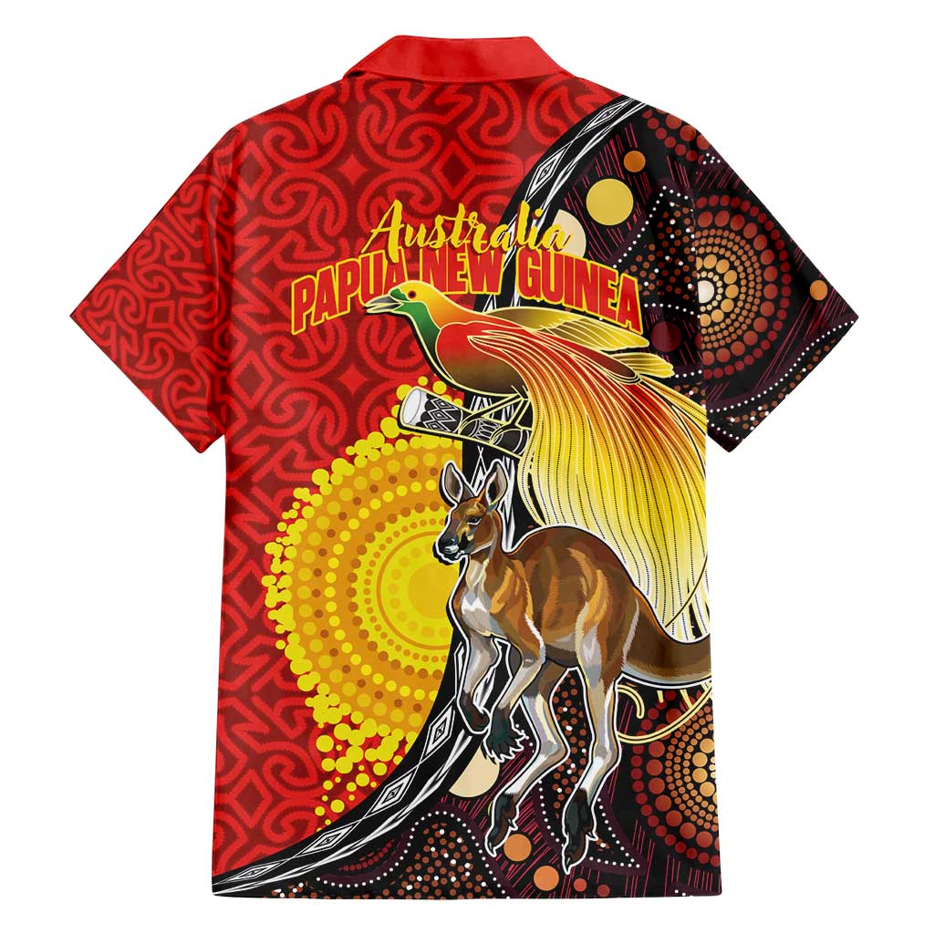 Australia and Papua New Guinea Together Family Matching Off Shoulder Short Dress and Hawaiian Shirt Bird-of-paradise and Kangaroo with Oro Tapa and Aboriginal Art Motifs LT03 - Polynesian Pride