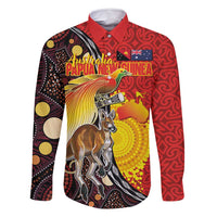 Australia and Papua New Guinea Together Family Matching Off Shoulder Short Dress and Hawaiian Shirt Bird-of-paradise and Kangaroo with Oro Tapa and Aboriginal Art Motifs LT03 Dad's Shirt - Long Sleeve Black - Polynesian Pride