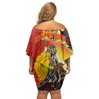 Australia and Papua New Guinea Together Family Matching Off Shoulder Short Dress and Hawaiian Shirt Bird-of-paradise and Kangaroo with Oro Tapa and Aboriginal Art Motifs LT03 - Polynesian Pride