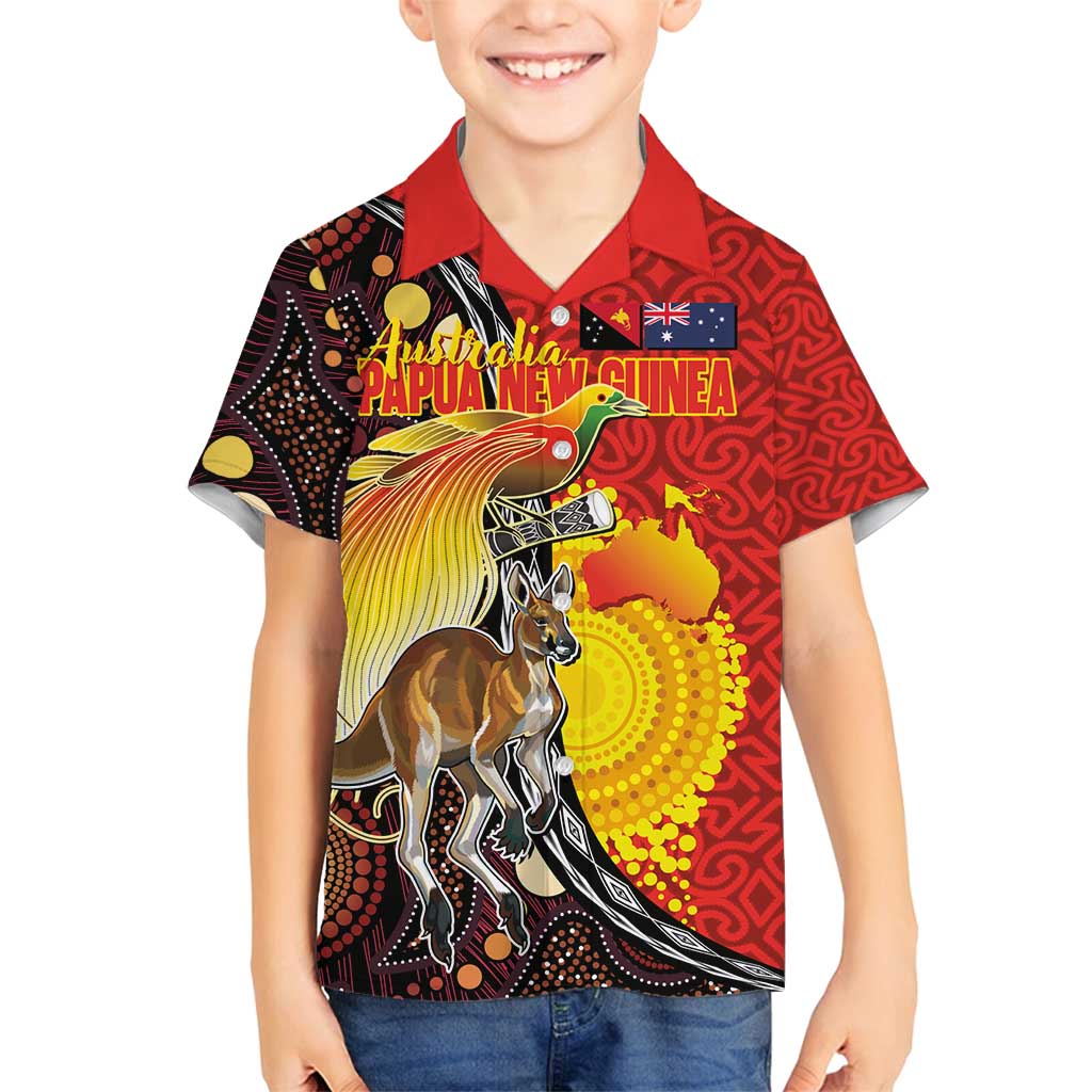 Australia and Papua New Guinea Together Family Matching Off Shoulder Short Dress and Hawaiian Shirt Bird-of-paradise and Kangaroo with Oro Tapa and Aboriginal Art Motifs LT03 Son's Shirt Black - Polynesian Pride