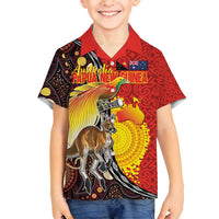 Australia and Papua New Guinea Together Family Matching Off Shoulder Short Dress and Hawaiian Shirt Bird-of-paradise and Kangaroo with Oro Tapa and Aboriginal Art Motifs LT03 Son's Shirt Black - Polynesian Pride