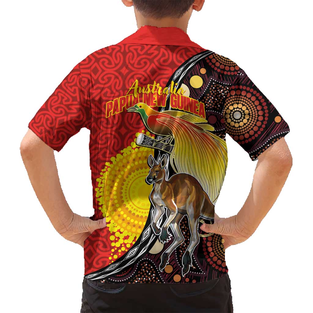 Australia and Papua New Guinea Together Family Matching Puletasi and Hawaiian Shirt Bird-of-paradise and Kangaroo with Oro Tapa and Aboriginal Art Motifs LT03 - Polynesian Pride