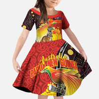 Australia and Papua New Guinea Together Family Matching Puletasi and Hawaiian Shirt Bird-of-paradise and Kangaroo with Oro Tapa and Aboriginal Art Motifs LT03 Daughter's Dress Black - Polynesian Pride