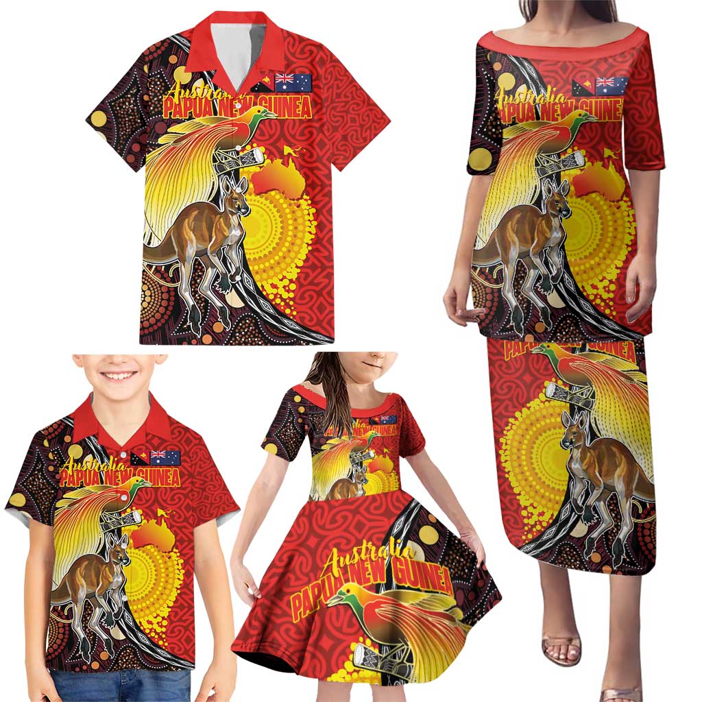 Australia and Papua New Guinea Together Family Matching Puletasi and Hawaiian Shirt Bird-of-paradise and Kangaroo with Oro Tapa and Aboriginal Art Motifs LT03 - Polynesian Pride