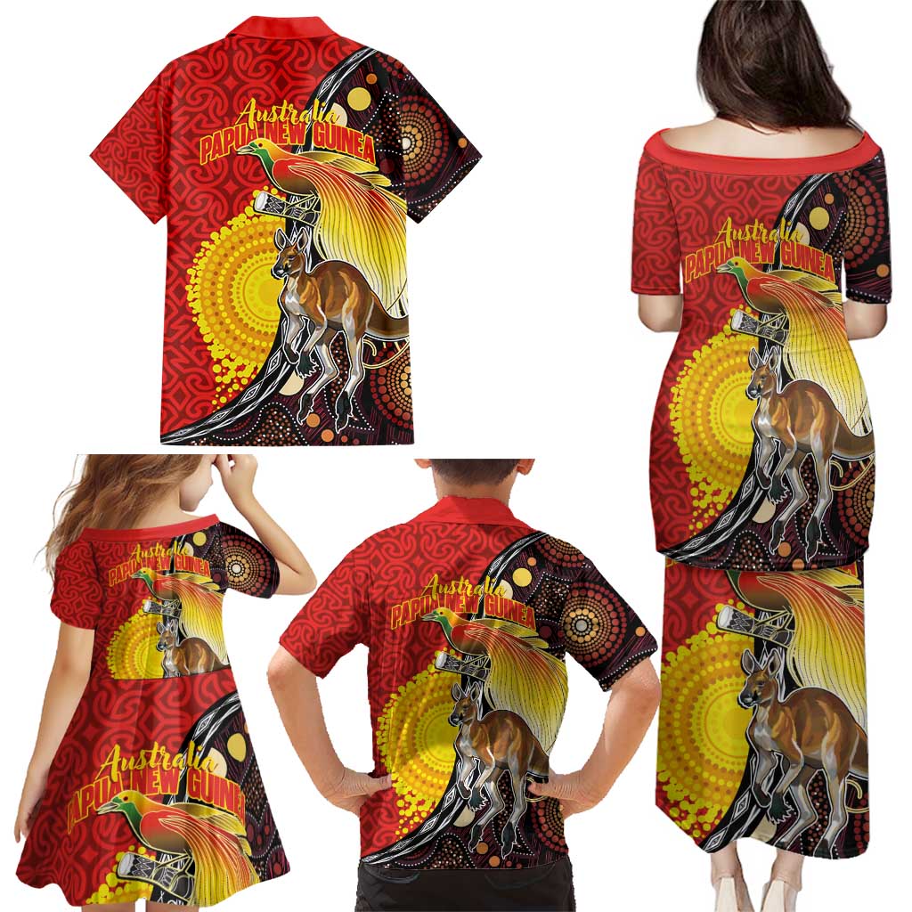 Australia and Papua New Guinea Together Family Matching Puletasi and Hawaiian Shirt Bird-of-paradise and Kangaroo with Oro Tapa and Aboriginal Art Motifs LT03 - Polynesian Pride