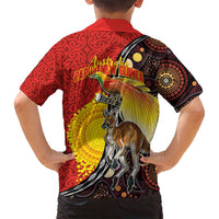 Australia and Papua New Guinea Together Family Matching Summer Maxi Dress and Hawaiian Shirt Bird-of-paradise and Kangaroo with Oro Tapa and Aboriginal Art Motifs LT03 - Polynesian Pride