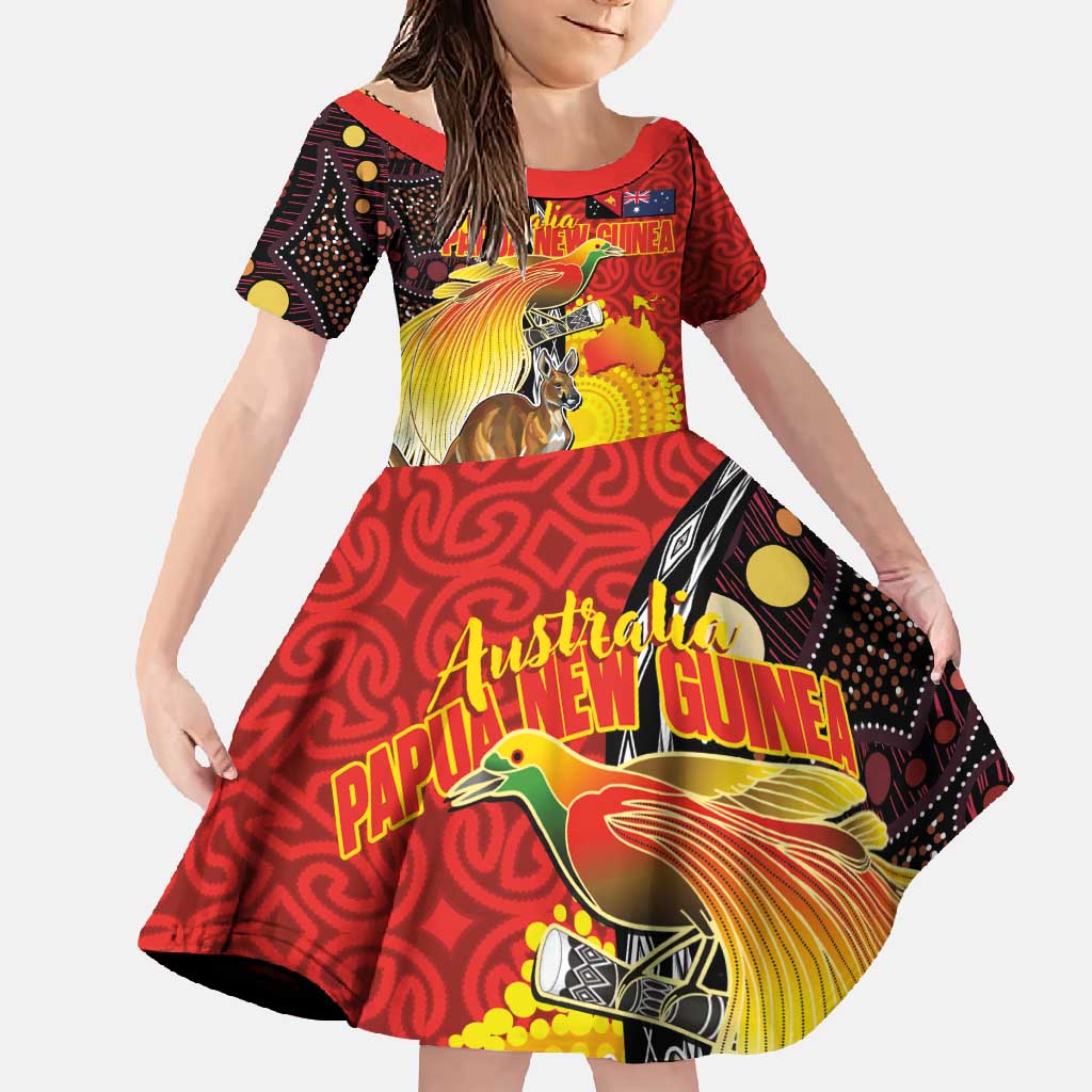 Australia and Papua New Guinea Together Family Matching Summer Maxi Dress and Hawaiian Shirt Bird-of-paradise and Kangaroo with Oro Tapa and Aboriginal Art Motifs LT03 Daughter's Dress Black - Polynesian Pride