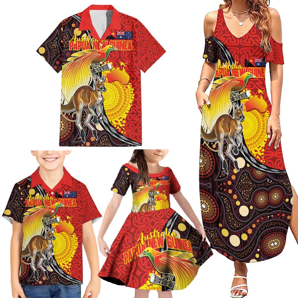 Australia and Papua New Guinea Together Family Matching Summer Maxi Dress and Hawaiian Shirt Bird-of-paradise and Kangaroo with Oro Tapa and Aboriginal Art Motifs LT03 - Polynesian Pride