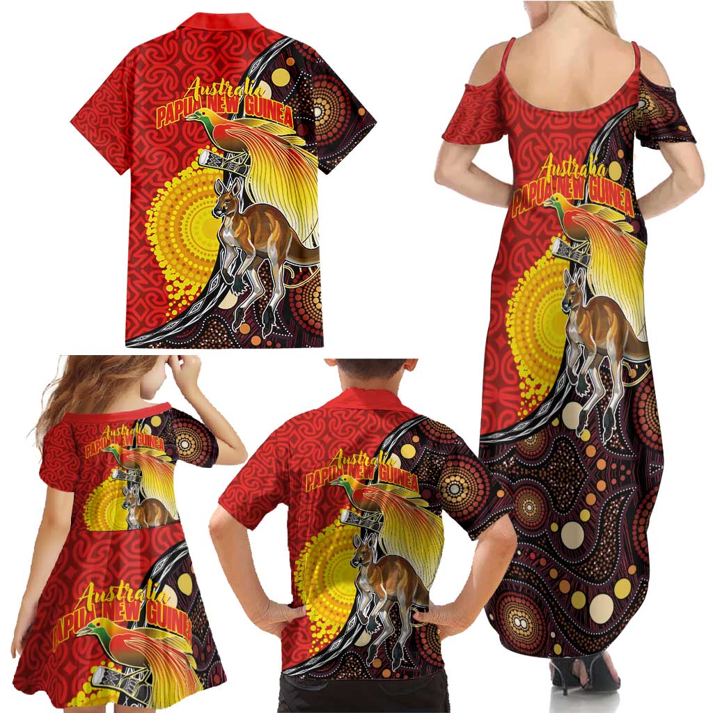 Australia and Papua New Guinea Together Family Matching Summer Maxi Dress and Hawaiian Shirt Bird-of-paradise and Kangaroo with Oro Tapa and Aboriginal Art Motifs LT03 - Polynesian Pride