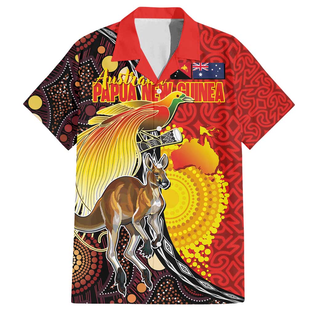 Australia and Papua New Guinea Together Family Matching Summer Maxi Dress and Hawaiian Shirt Bird-of-paradise and Kangaroo with Oro Tapa and Aboriginal Art Motifs LT03 Dad's Shirt - Short Sleeve Black - Polynesian Pride