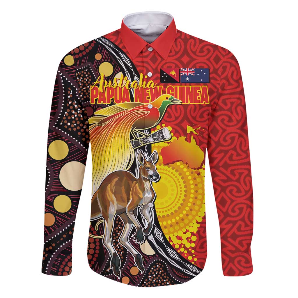 Australia and Papua New Guinea Together Family Matching Summer Maxi Dress and Hawaiian Shirt Bird-of-paradise and Kangaroo with Oro Tapa and Aboriginal Art Motifs LT03 Dad's Shirt - Long Sleeve Black - Polynesian Pride