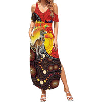 Australia and Papua New Guinea Together Family Matching Summer Maxi Dress and Hawaiian Shirt Bird-of-paradise and Kangaroo with Oro Tapa and Aboriginal Art Motifs LT03 Mom's Dress Black - Polynesian Pride