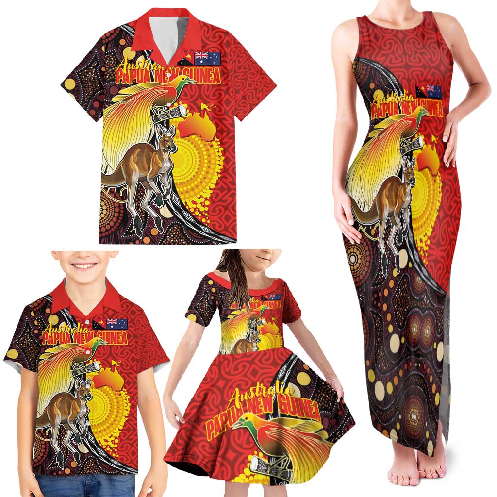 Australia and Papua New Guinea Together Family Matching Tank Maxi Dress and Hawaiian Shirt Bird-of-paradise and Kangaroo with Oro Tapa and Aboriginal Art Motifs - Polynesian Pride