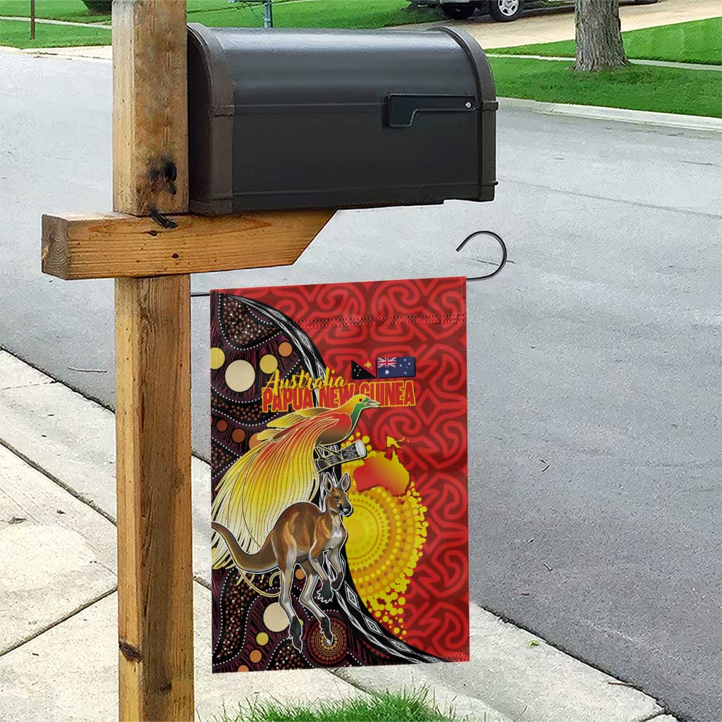 Australia and Papua New Guinea Together Garden Flag Bird-of-paradise and Kangaroo with Oro Tapa and Aboriginal Art Motifs - Polynesian Pride