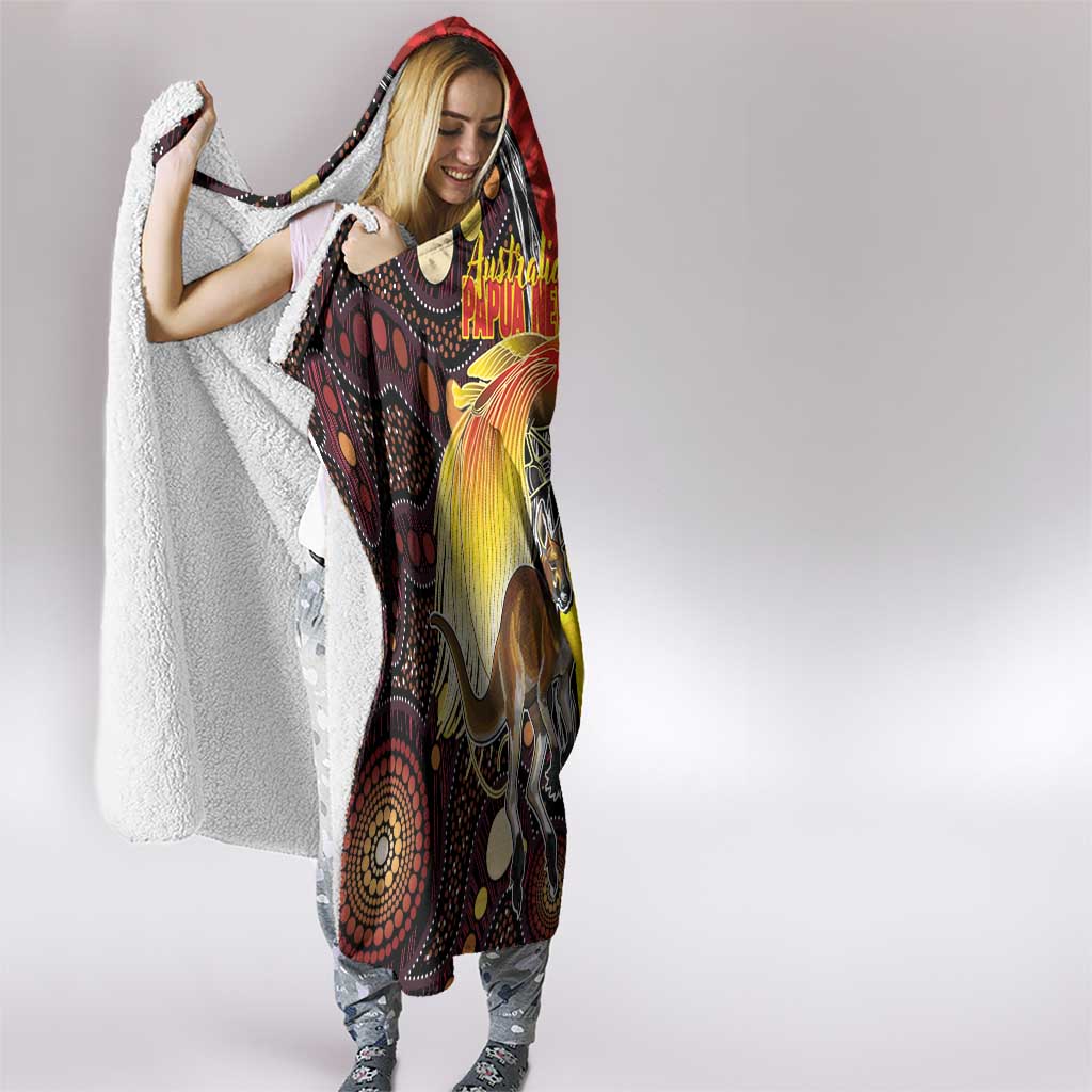 Australia and Papua New Guinea Together Hooded Blanket Bird-of-paradise and Kangaroo with Oro Tapa and Aboriginal Art Motifs - Polynesian Pride