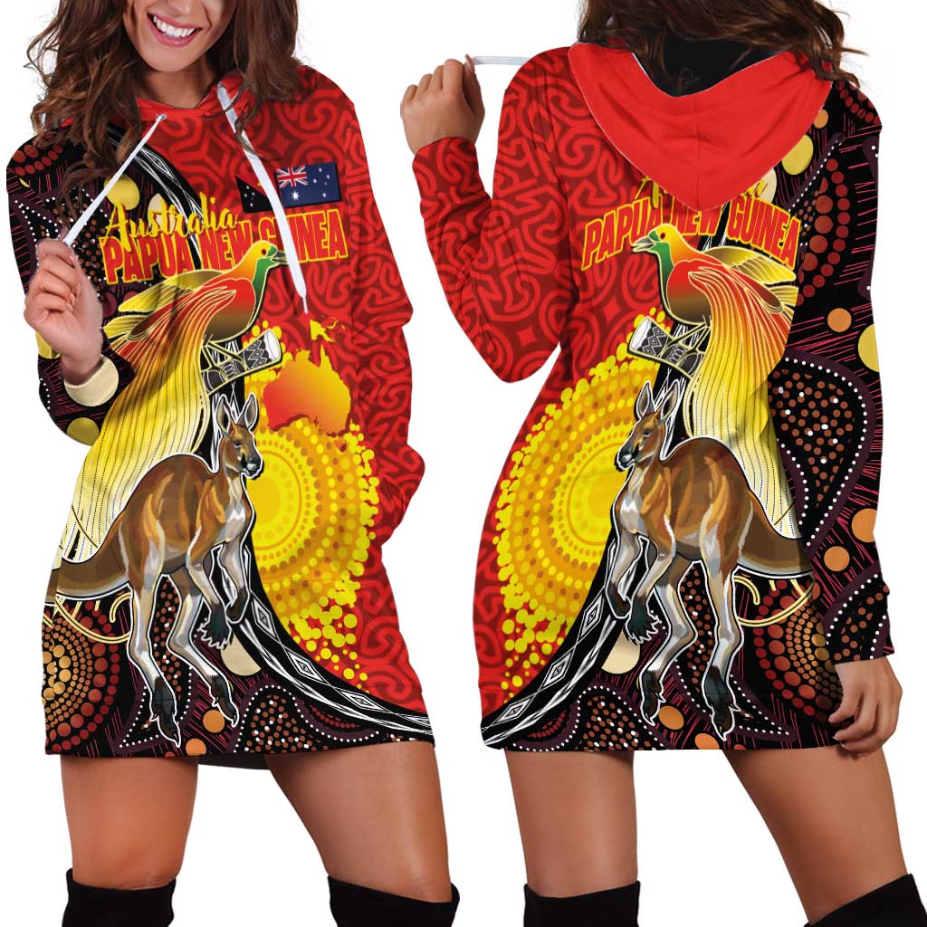 Australia and Papua New Guinea Together Hoodie Dress Bird-of-paradise and Kangaroo with Oro Tapa and Aboriginal Art Motifs - Polynesian Pride