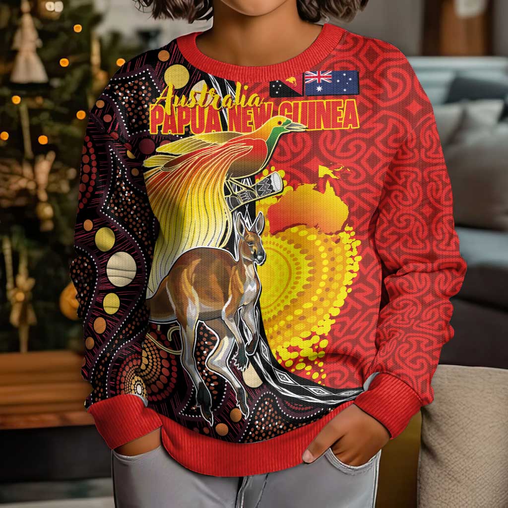 Australia and Papua New Guinea Together Kid Ugly Christmas Sweater Bird-of-paradise and Kangaroo with Oro Tapa and Aboriginal Art Motifs - Polynesian Pride