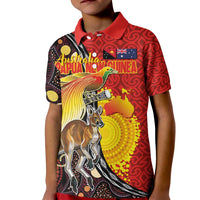 Australia and Papua New Guinea Together Kid Polo Shirt Bird-of-paradise and Kangaroo with Oro Tapa and Aboriginal Art Motifs - Polynesian Pride