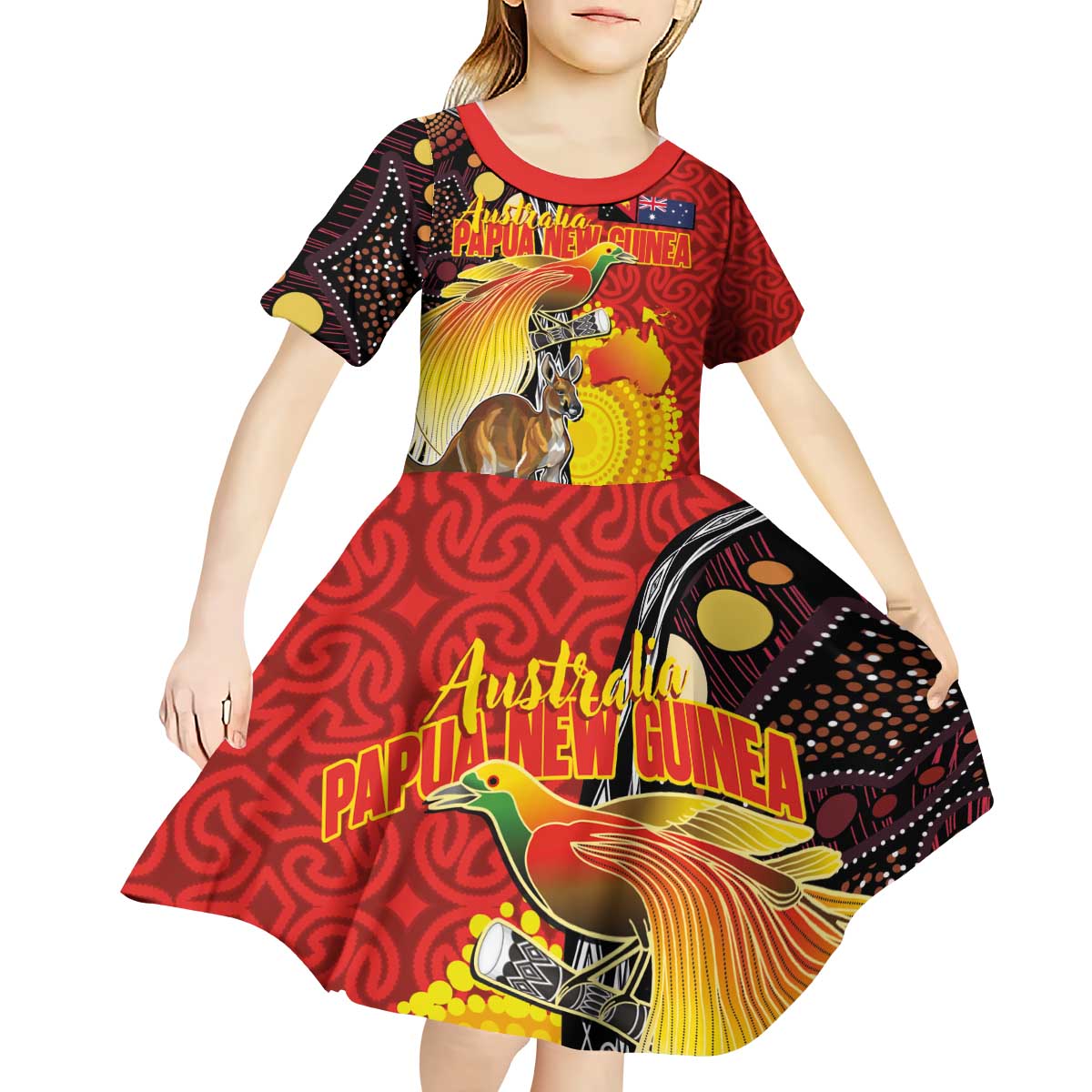 Australia and Papua New Guinea Together Kid Short Sleeve Dress Bird-of-paradise and Kangaroo with Oro Tapa and Aboriginal Art Motifs - Polynesian Pride